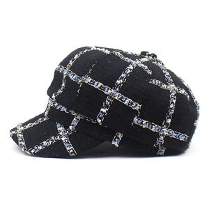 Vintage black wool plaid cadet hat with tweed texture for women in casual autumn style