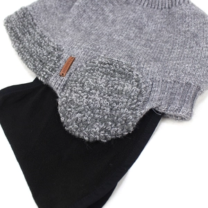 Winter thermal knit beanie hat and fleece face mask set with fashion leather patch