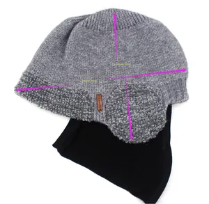 Detail showing the dimensions of the gray knit winter hat and black neck warmer set