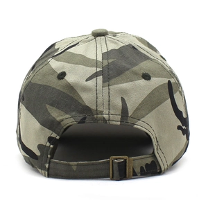 Detail view of the camouflage baseball cap showing adjustable strap and metal buckle