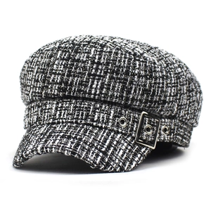 Casquette Newsboy pour Femme en Tweed à Carreaux Rétro Chapeau de Marine à Sommet Plat avec Boucle Métallique Automne Hiver