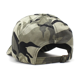 Close-up of camouflage baseball cap back with adjustable strap and metal buckle