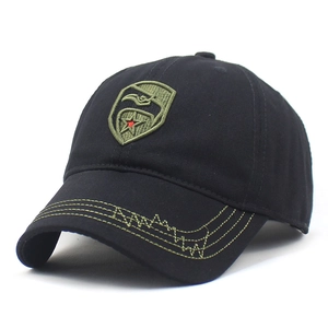 Black cotton baseball cap with olive green tactical eagle crest embroidery and curved brim