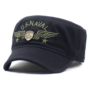 Black cotton cadet cap with U.S. Naval embroidery and Army metal badge on plain background