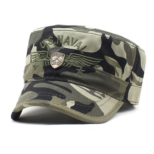 Men's Cotton Flat Top Military Cadet Cap Camouflage Baseball Hat With U.S. Naval Embroidery Army Shield Badge Outdoor Sun Cap