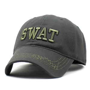 Close-up of tactical camo baseball cap with 3D SWAT embroidery and zigzag brim stitching