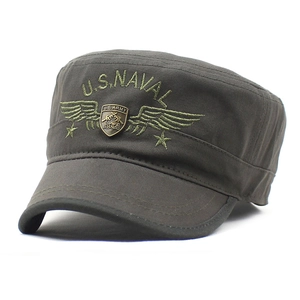 Men's olive green cotton military flat top cap with U.S. Naval embroidery and army badge