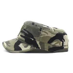 Detail of cotton camouflage cadet cap featuring intricate embroidery and tactical stitching