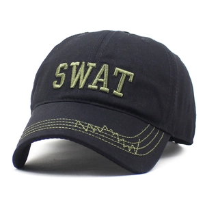 Tactical black cotton baseball cap with green SWAT embroidery and curved brim for outdoor