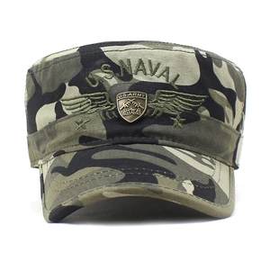 Flat top camouflage military cap with U.S. Naval embroidery and vintage metal army badge