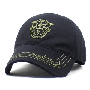 Black cotton baseball cap featuring green US Army Special Forces embroidery on white background