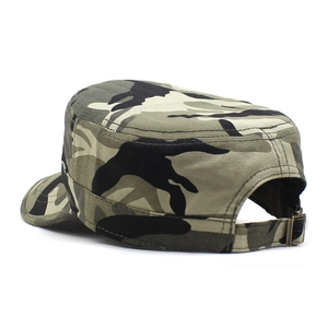 Detail view of the jungle camouflage military patrol cap with adjustable metal buckle strap