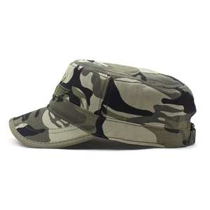 Side view of woodland camouflage flat top military cap with detailed wing embroidery