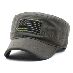 Olive green military patrol cap featuring an embroidered American flag on a flat top