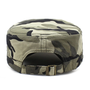 Adjustable jungle camouflage flat top military cadet cap with metal buckle closure