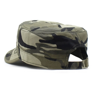 Detail view of the adjustable bronze metal buckle on the camo canvas cadet military cap