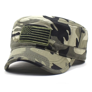 Camouflage cadet cap with American flag embroidery and a flat top for outdoor wear