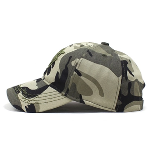 Detailed side view of camouflage baseball cap with green 3D embroidery and stitched brim