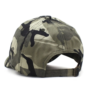 Rear view of adjustable camouflage baseball cap with metal buckle and breathable holes