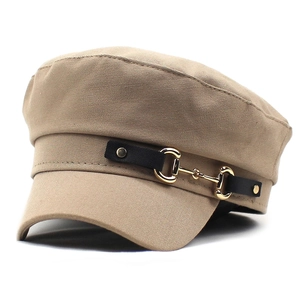 Khaki cotton navy cap for women featuring a black leather strap and gold horsebit detail