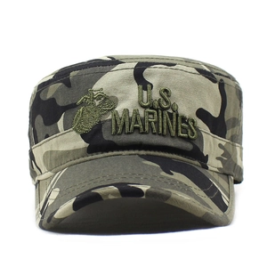 Close-up of U.S. MARINES embroidery on camouflage cotton flat top cadet cap