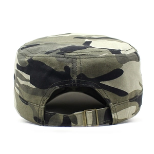 Close-up of camouflage military flat top cap back with adjustable metal buckle clasp