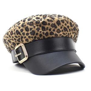 Women's leopard print newsboy cap with black leather brim and golden metal buckle decoration
