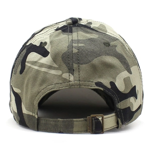 Detail of camouflage baseball cap back with adjustable metal buckle and durable canvas texture
