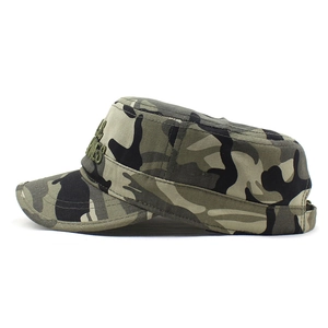 Detailed view of US Marines embroidery on the camouflage cadet cap fabric