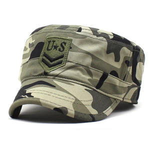 Classic woodland camouflage flat top military cap with US embroidered patch and cotton fabric