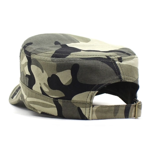 Detail of jungle camouflage cadet cap with adjustable bronze metal buckle back strap