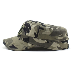 Tactical woodland camouflage flat top army cap with embroidered flag detail for men and women