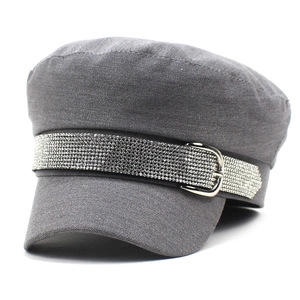 Women Fashion Newsboy Cap Rhinestone Belt Flat Top Cotton Blend Navy Hat Baker Boy Cap For Autumn Winter Ladies