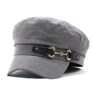 Women's grey cotton newsboy hat with a black leather strap and gold horsebit detail