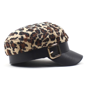 Stylish leopard print flat top cadet hat with black leather brim and golden metal buckle