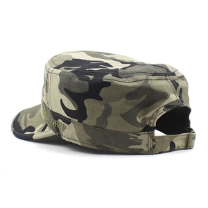 Close-up of camouflage military cap with side embroidery and adjustable metal buckle