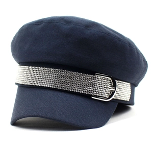 Dark blue navy newsboy cap with sparkling rhinestone band and silver metallic buckle