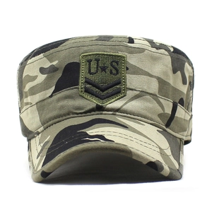 Classic camouflage military patrol cap with embroidered US patch and adjustable strap