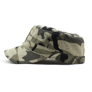 Detail of the gray camo cadet cap showing durable cotton fabric and fine stitching
