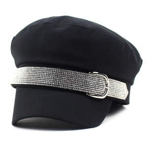 Black navy hat for women featuring sparkling rhinestone band and silver metal buckle