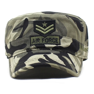 Camo flat top military cap with Air Force embroidery and star patch for outdoors