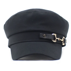Classic black cotton navy baker boy hat with golden metal horsebit and leather trim