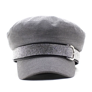 Detailed view of dark grey navy hat with sparkling rhinestone band and silver metal buckle