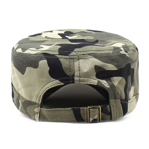Detailed back view of camo cadet cap showing bronze metal buckle and canvas texture