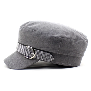 Chic gray flat top military cap with sparkly rhinestone belt and silver buckle decoration