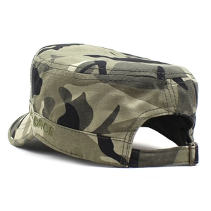 Detail view of military cadet cap in woodland camouflage with Air Force embroidery and buckle
