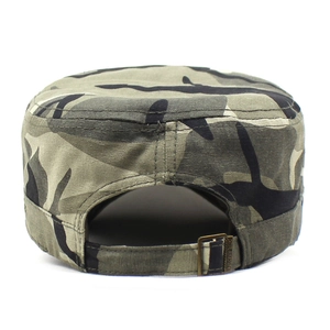 Detail of adjustable metal buckle and camouflage pattern on the back of the military cap