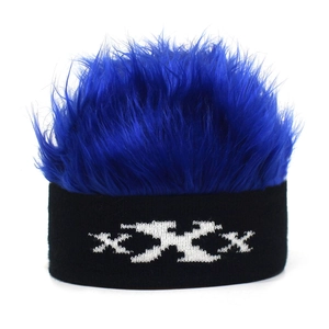 Funny black knitted beanie featuring bright blue wig hair and white XXX pattern embroidery