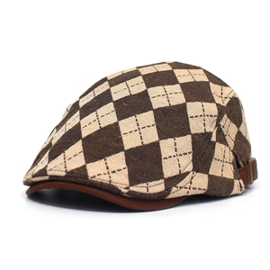 Classic British diamond check beret hat with dark brown brim and leather strap adjustment
