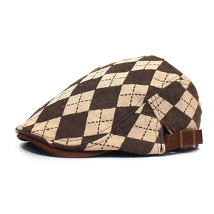 Classic argyle pattern beret hat in dark brown and beige with adjustable side buckle
